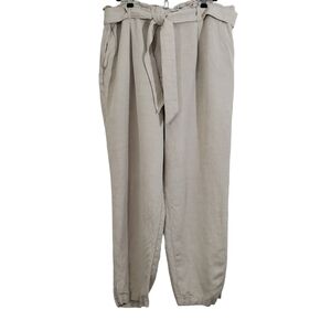 LOFT Linen Blend Paperbag Taper Belted Pants Neutral Beige Size XL Beachy Boho